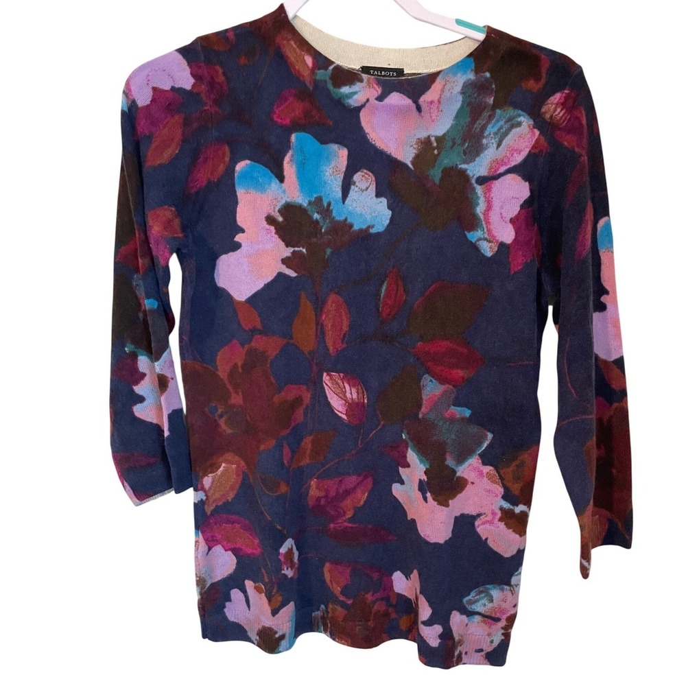 Talbots Womens Size M 100% Pure Cashmere Navy Blue Floral 3/4 Sleeve Sweater